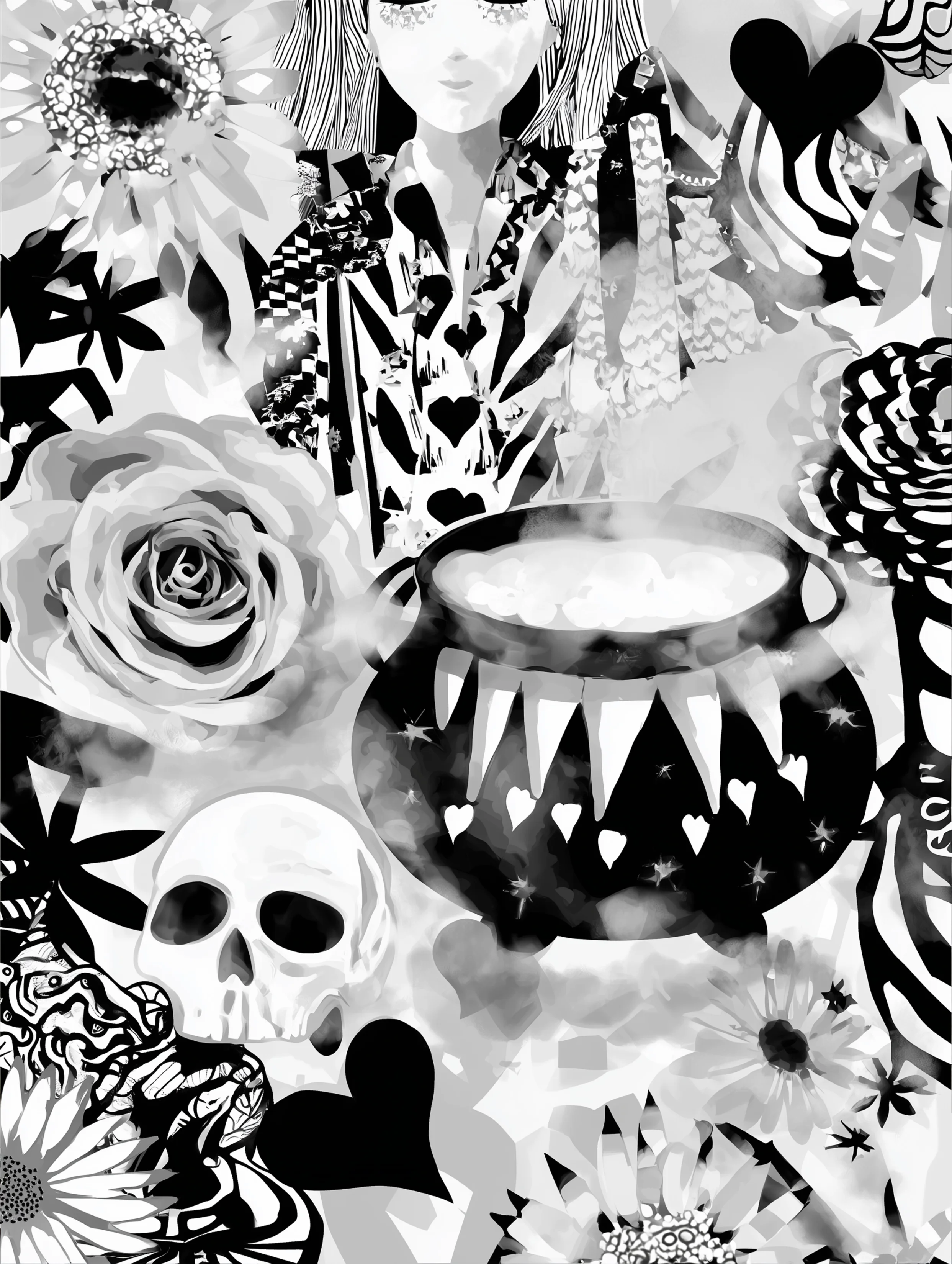 Free printable witch coloring page for adults featuring a skull inside a cauldron with a witch